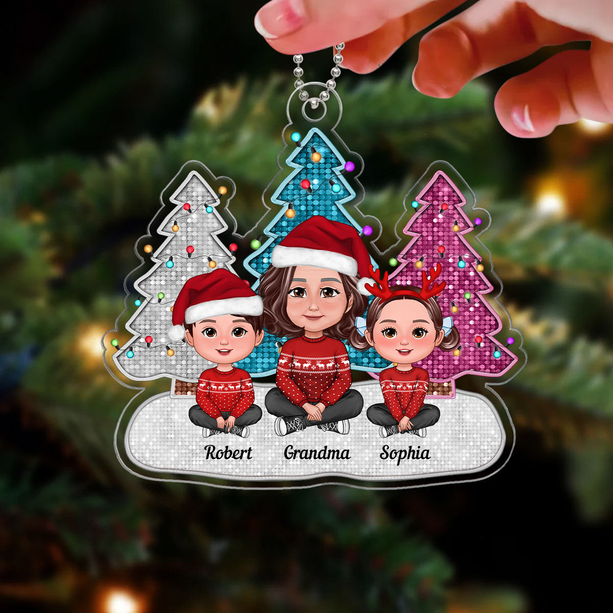 Grandma Grandkids Faux Sequins Glitter Christmas Tree Personalized Acrylic Ornament
