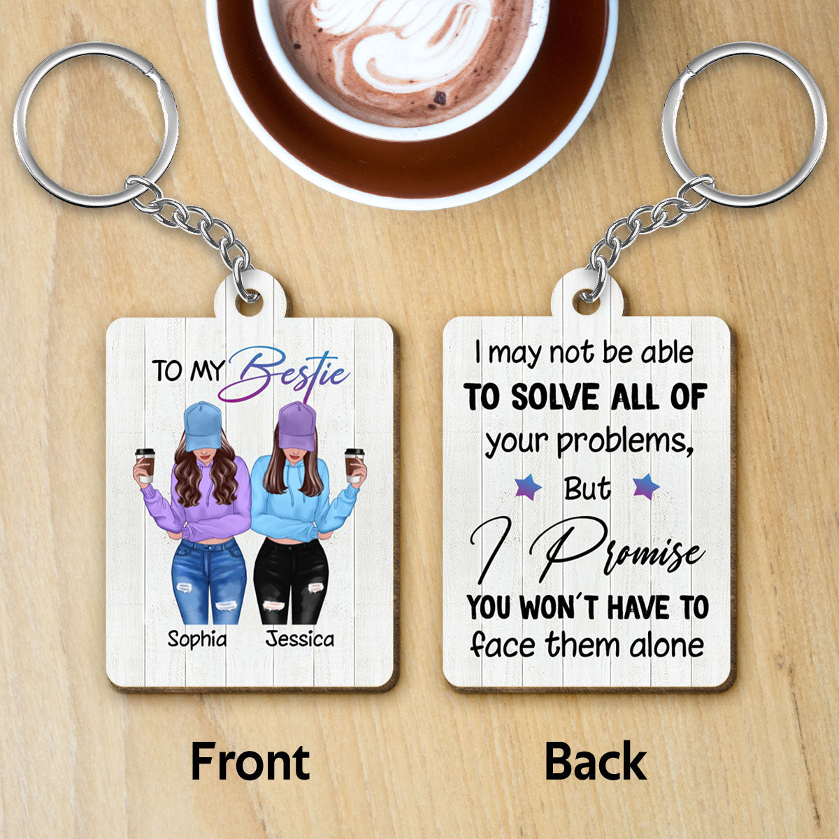 Front View Besties To My Bestie Personalized Wooden Keychain