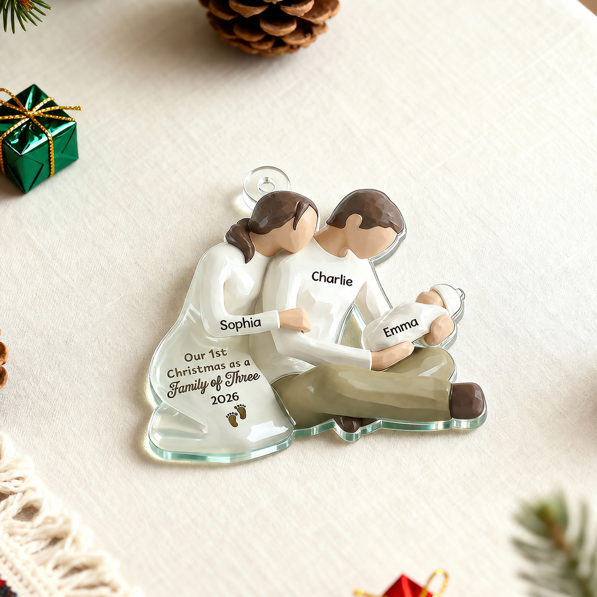 3D Effect First Christmas As Family Of Three Mom Dad Holding Baby - Personalized Acrylic Car Hanger