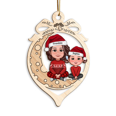 Grandma Grandkid Crossed Legs On Moon In Ornament Shaped Personalized Wooden Ornament