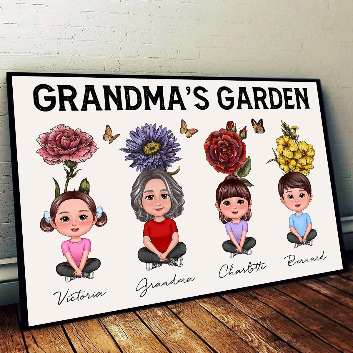 Beautiful Vintage Birth Flower Grandma‘s Garden Pretty Grandma & Grandkids With Flowers Behind Personalized Poster