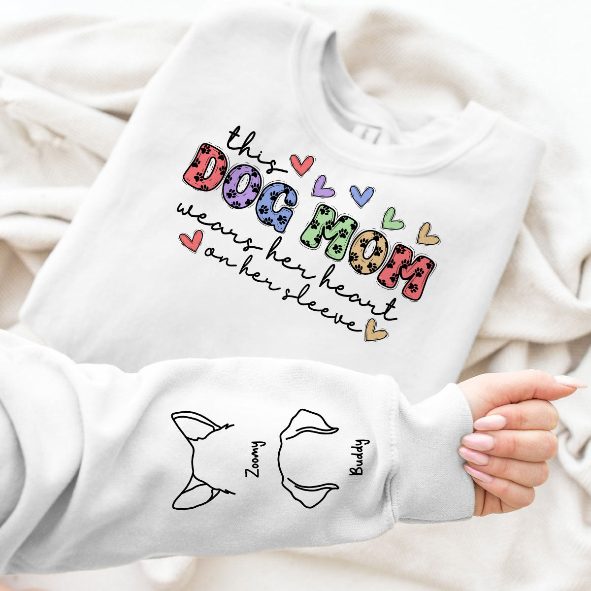 Dog Mom Colorful Paw Pattern, This Dog Mom Wears Her Heart On Her Sleeve, Custom Dog Name, Dog Mama, Personalized Sleeve Printed Sweatshirt