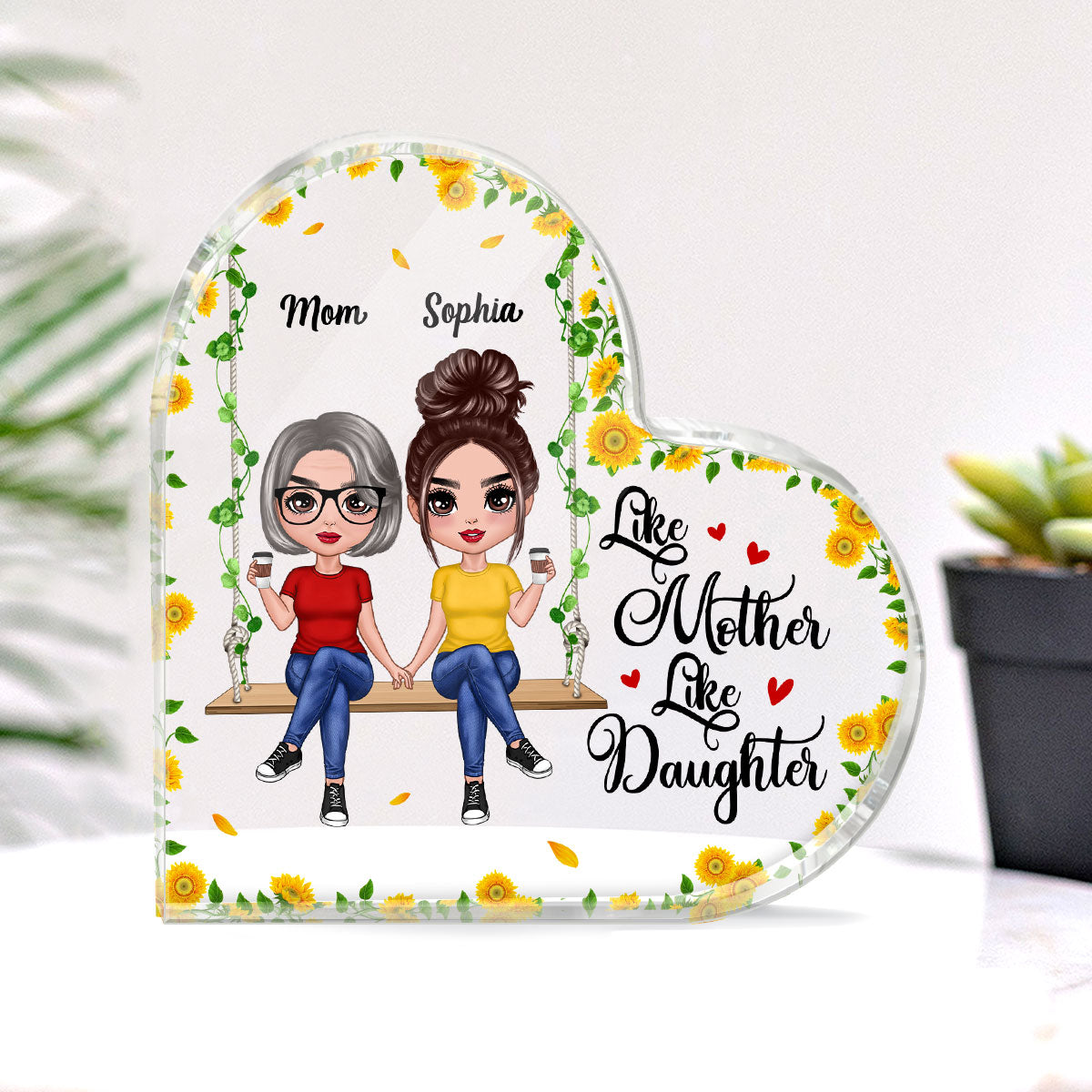 Doll Mom Daughter Sitting On Swing Holding Sunflower Personalized Heart Acrylic Plaque
