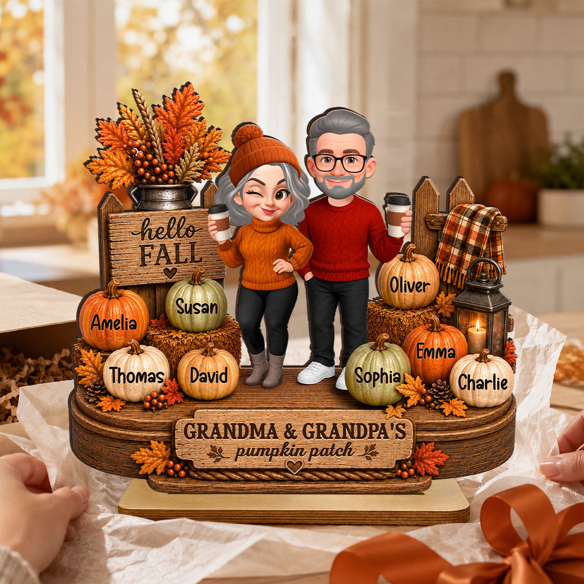 Hello Fall Grandparents' Pumpkin Patch - Personalized 2-Layered Wooden Plaque - Fall Gift, Thanksgiving, Grandparents Day Gift