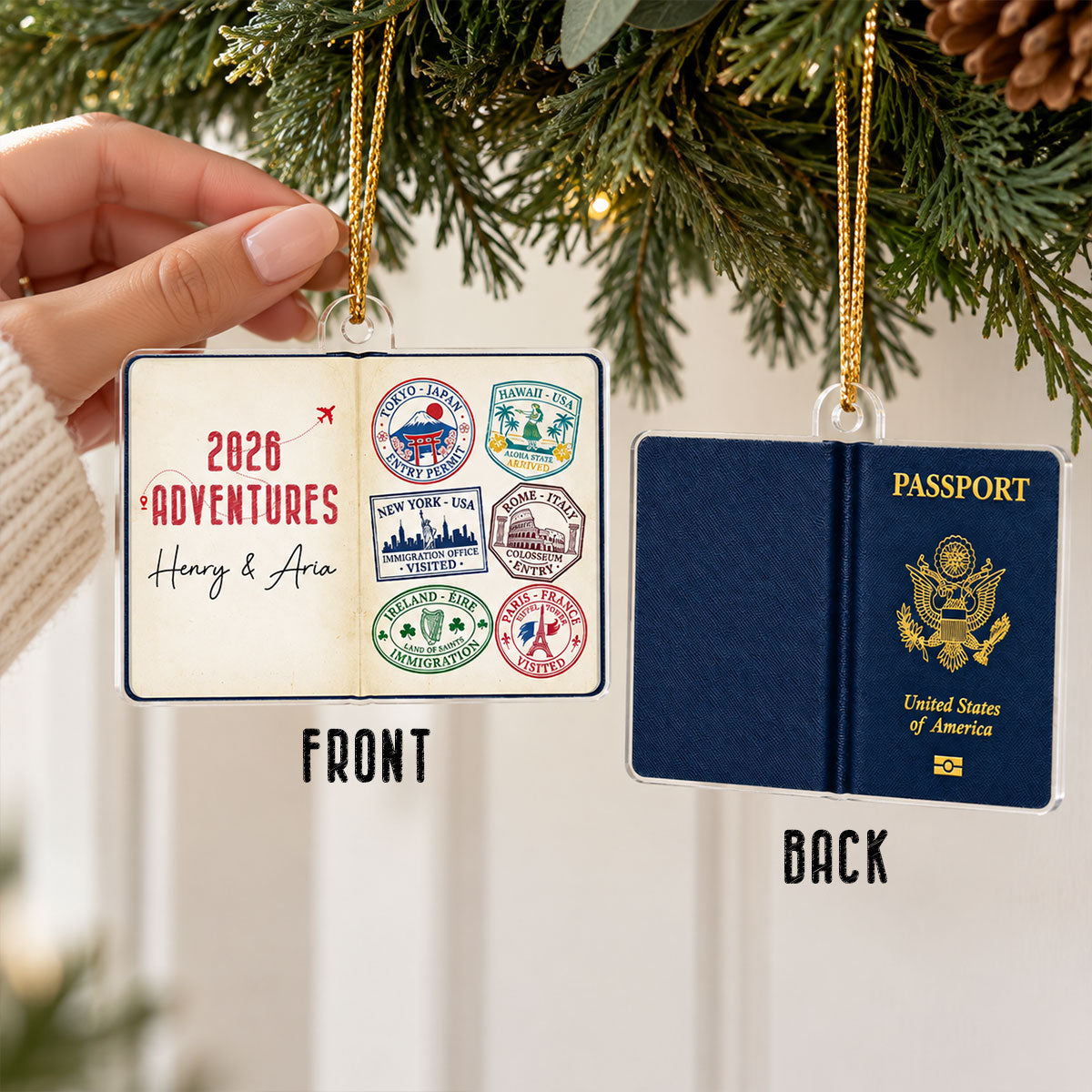 Travel Passport Stamps - Personalized Acrylic Ornament - Custom Adventure Keepsake Gift for Couples & Travelers