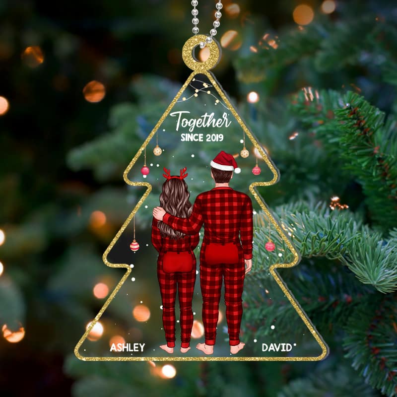 Couple Pajamas Standing Back View Christmas Tree Personalized Acrylic Ornament