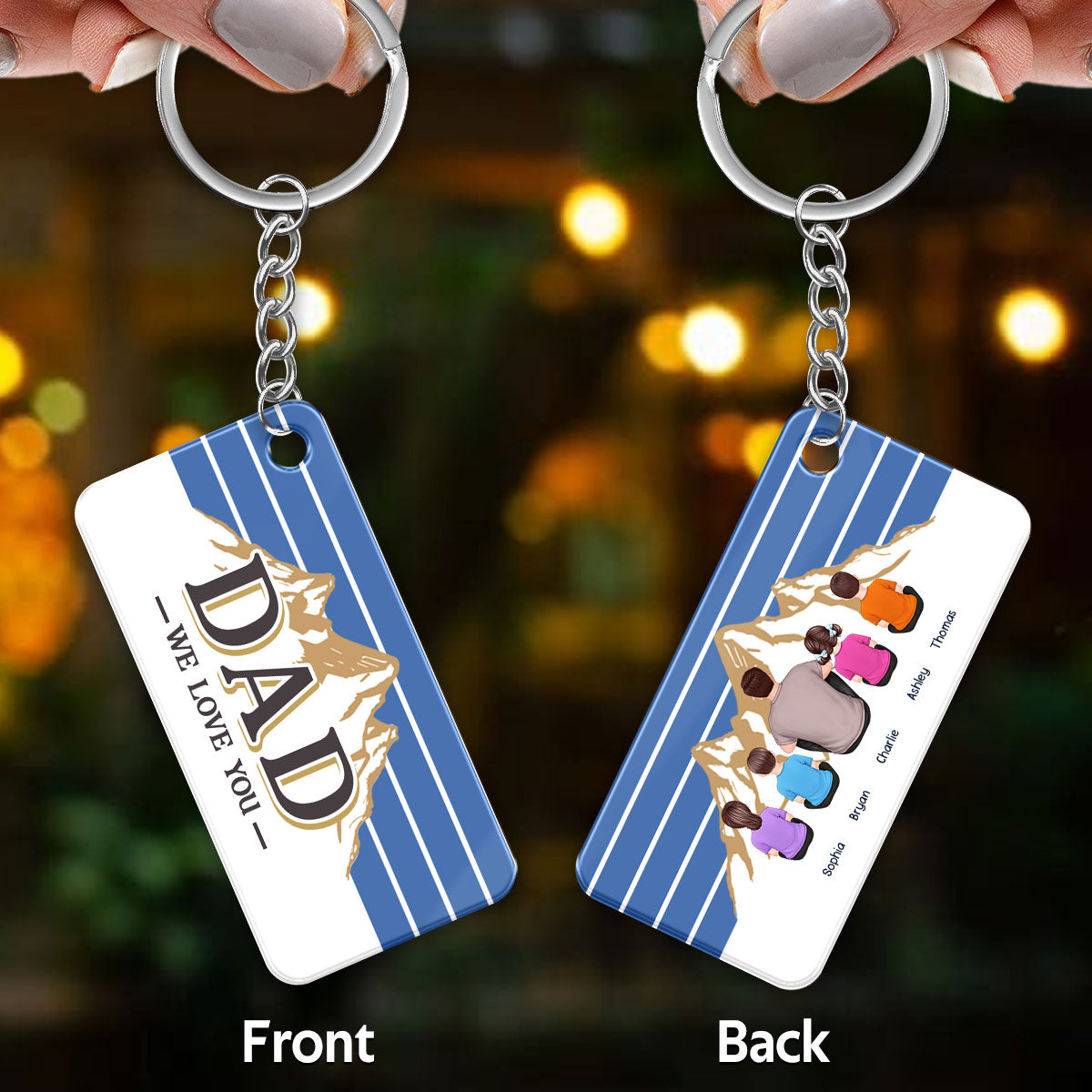 Best Dad Ever Mountain Blue Stripe Back View Man & Kids Personalized Acrylic Keychain