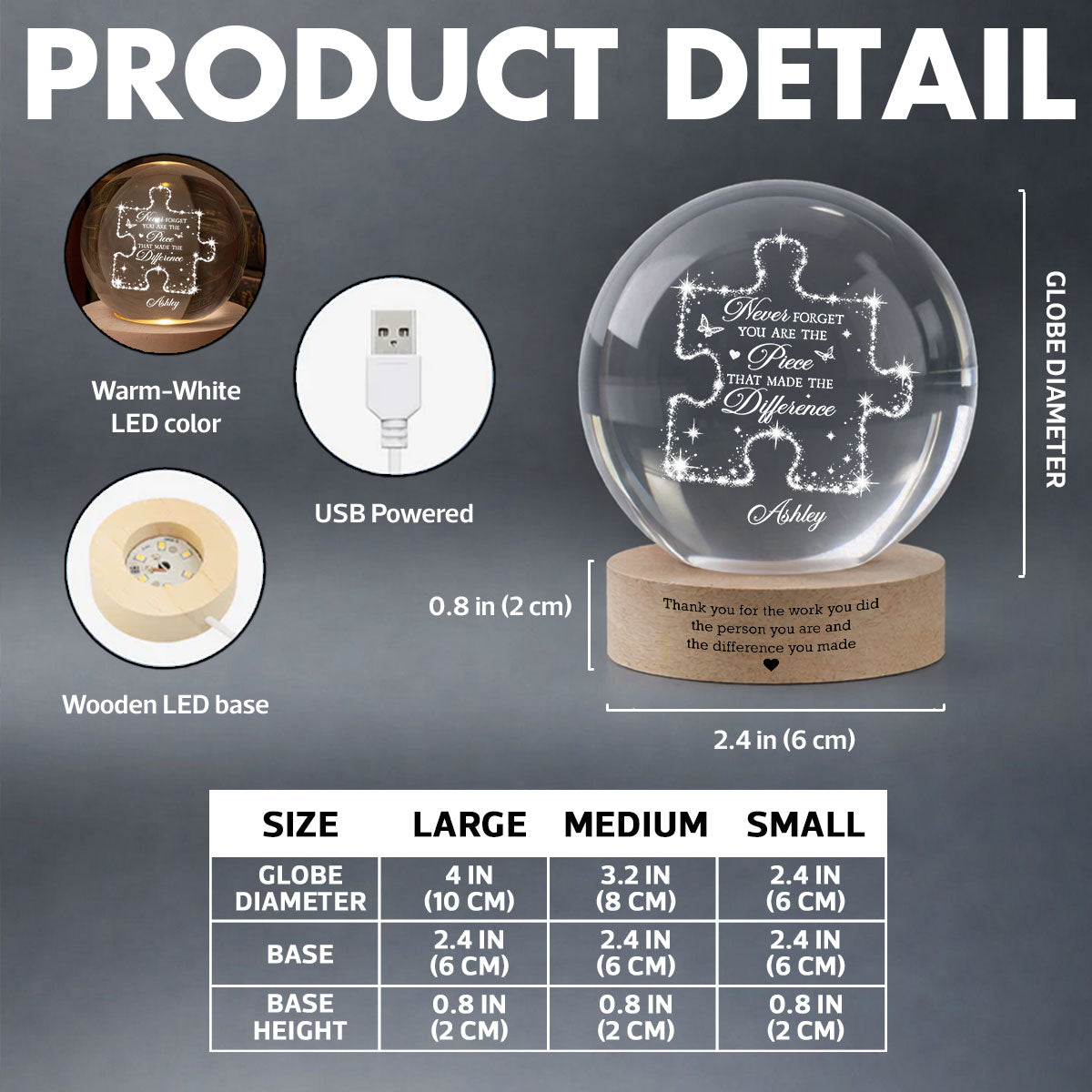 Never Forget The Difference You Make - Personalized Crystal Ball LED Night Light - Thank You Gift for Coworkers, Appreciation Gift, Gift For Teacher, Employee Leaving Gift, Gifts for Mentor