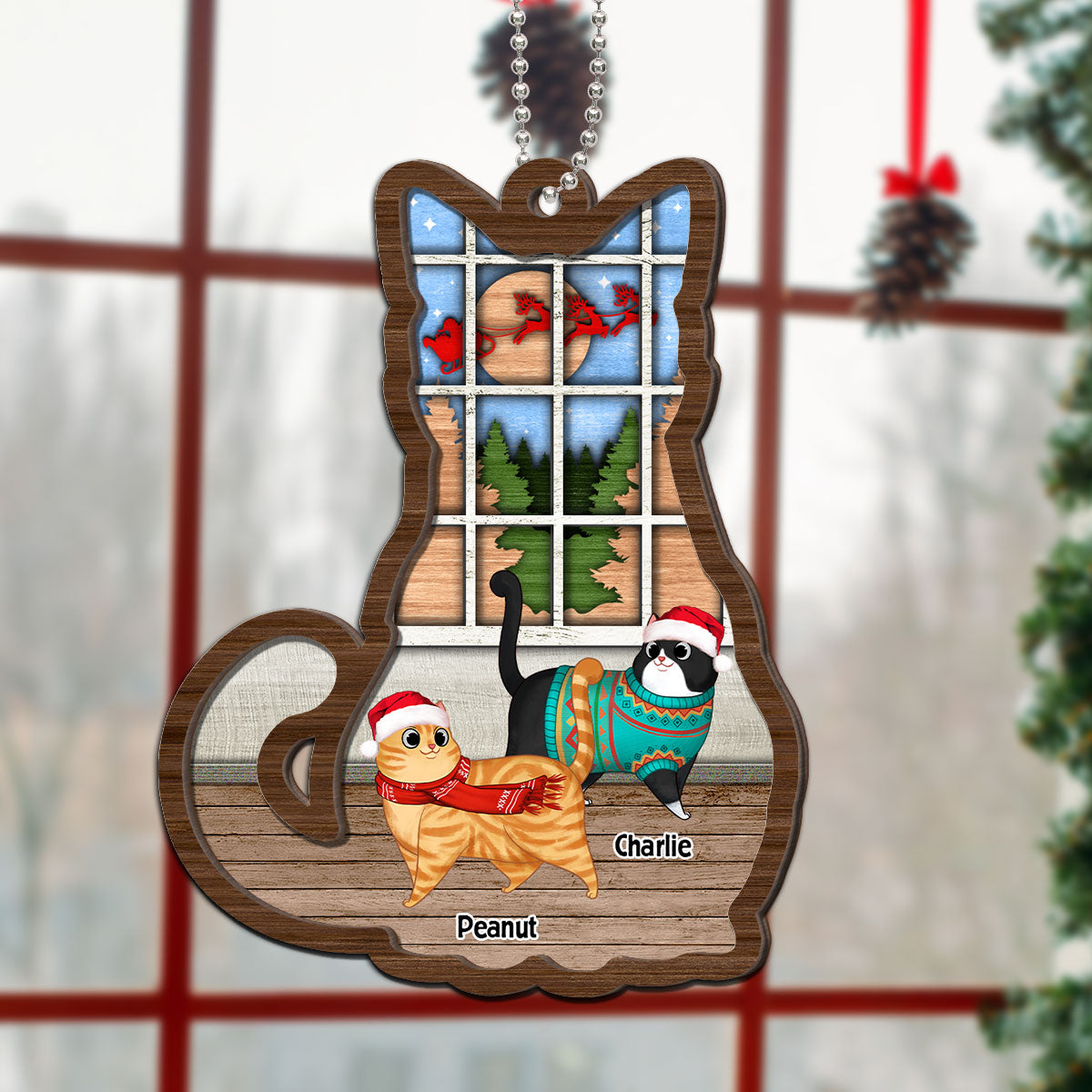 Full Cat Shaped Personalized Christmas 2-Layer Wooden Ornament