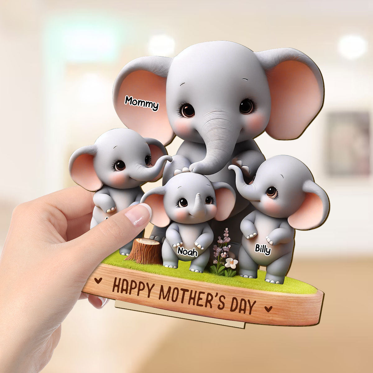 Cute Elephant Mama Grandma With Kids Custom Shaped Personalized Standing Wooden Plaque, Perfect 2025 Gift For Mom, For Grandma