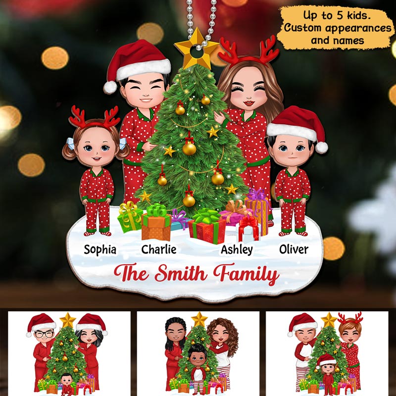 Doll Family Decorating Christmas Tree Personalized Wooden Ornament
