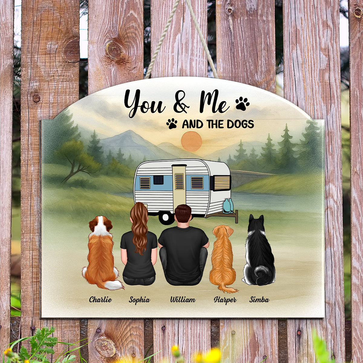 Couple And Dogs Camping Retro Mountain Personalized Wood Sign, Gift for Camping & Dog Lovers