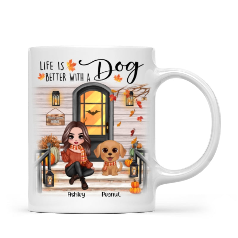 Fall Season Front Porch Doll Woman Sitting With Watercolor Cute Dogs Personalized Mug