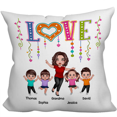 LOVE Happy Doll Grandma Mom With Kids Personalized Pillow