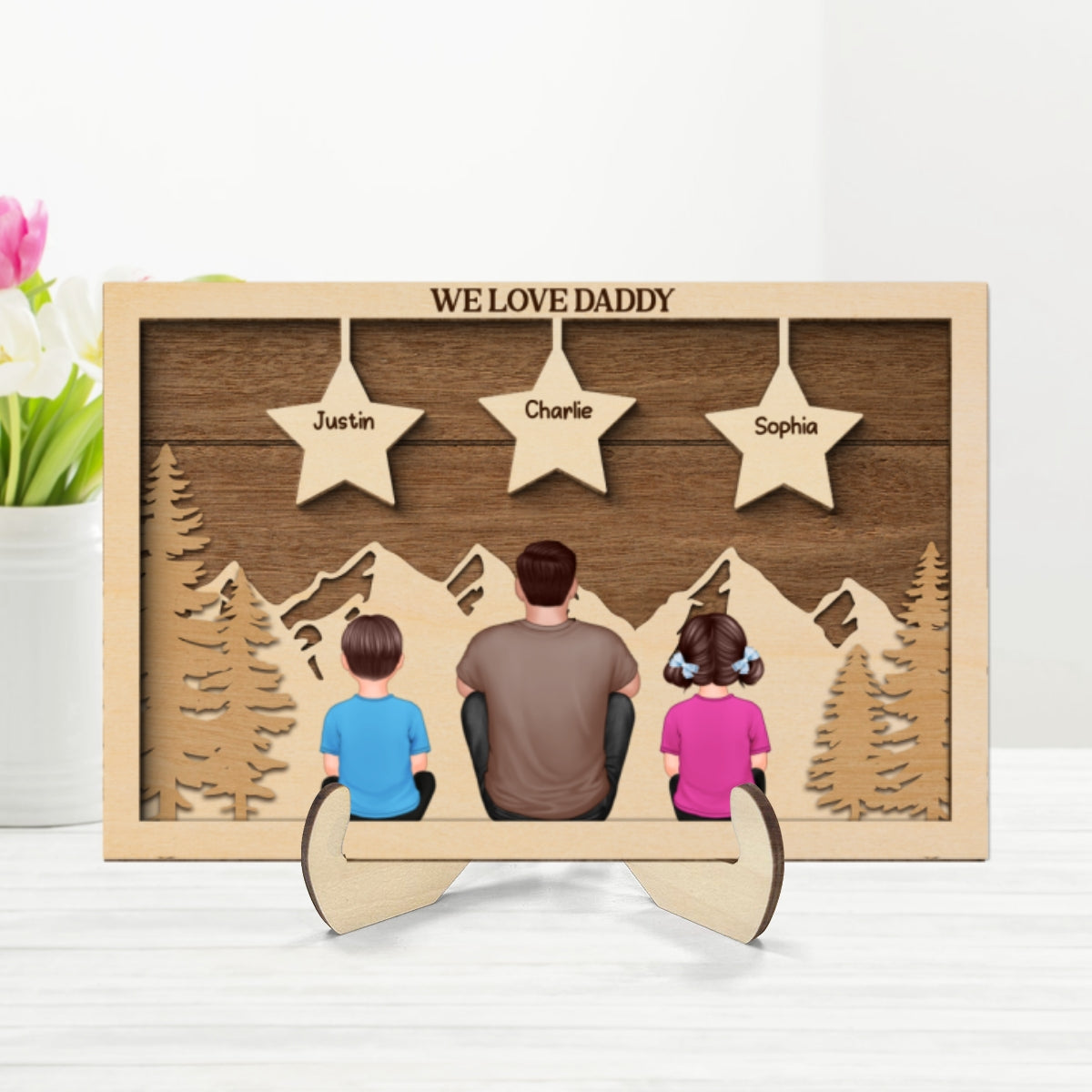 Dad Man Kids Dogs Cats Sitting Back View Forest Stars Personalized 2-Layer Wooden Plaque