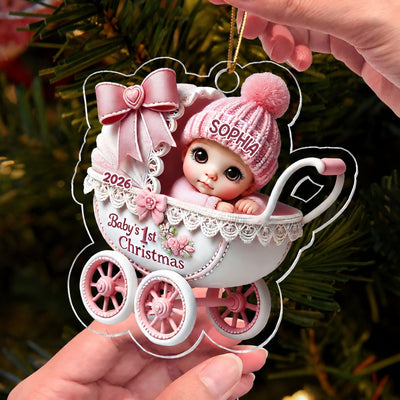 3D Effect Newborn Baby In Carriage Christmas Personalized Acrylic Ornament, Christmas Gift For Newborns, New Parents