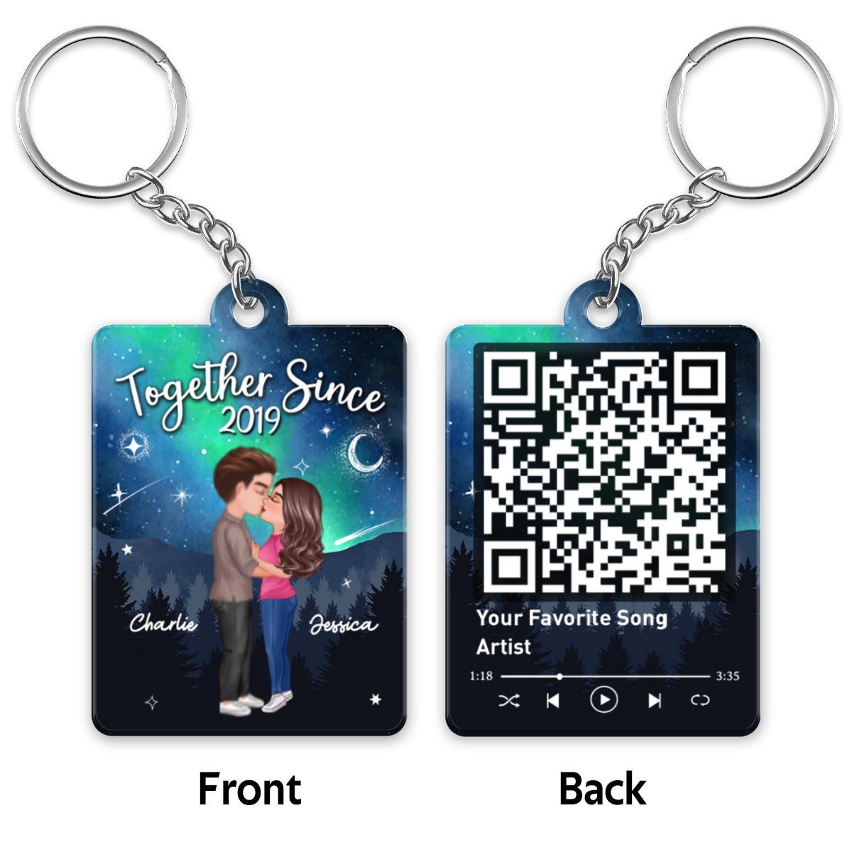Doll Couple Kissing In Galaxy Night Favorite Song Scannable QR Code Personalized Acrylic Keychain