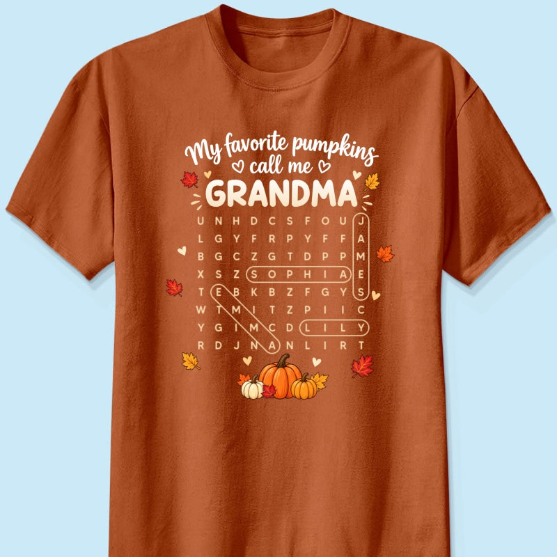 Favorite Pumpkins Call Me Grandma Word Search Puzzle - Personalized Shirt - Fall Season Gift For Grandma
