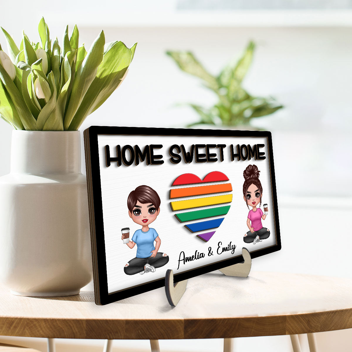 Home Sweet Home LGBT Couple Personalized 2-layer Wooden Plaque