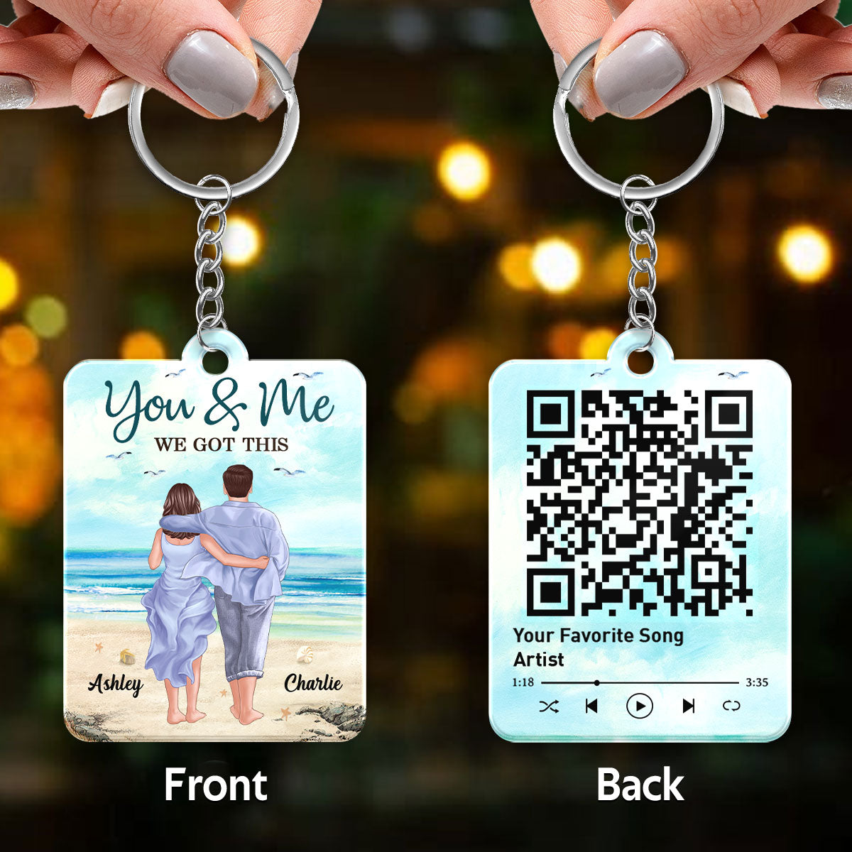 Back View Couple Walking On The Beach Favorite Song Scannable QR Code Personalized Acrylic Keychain