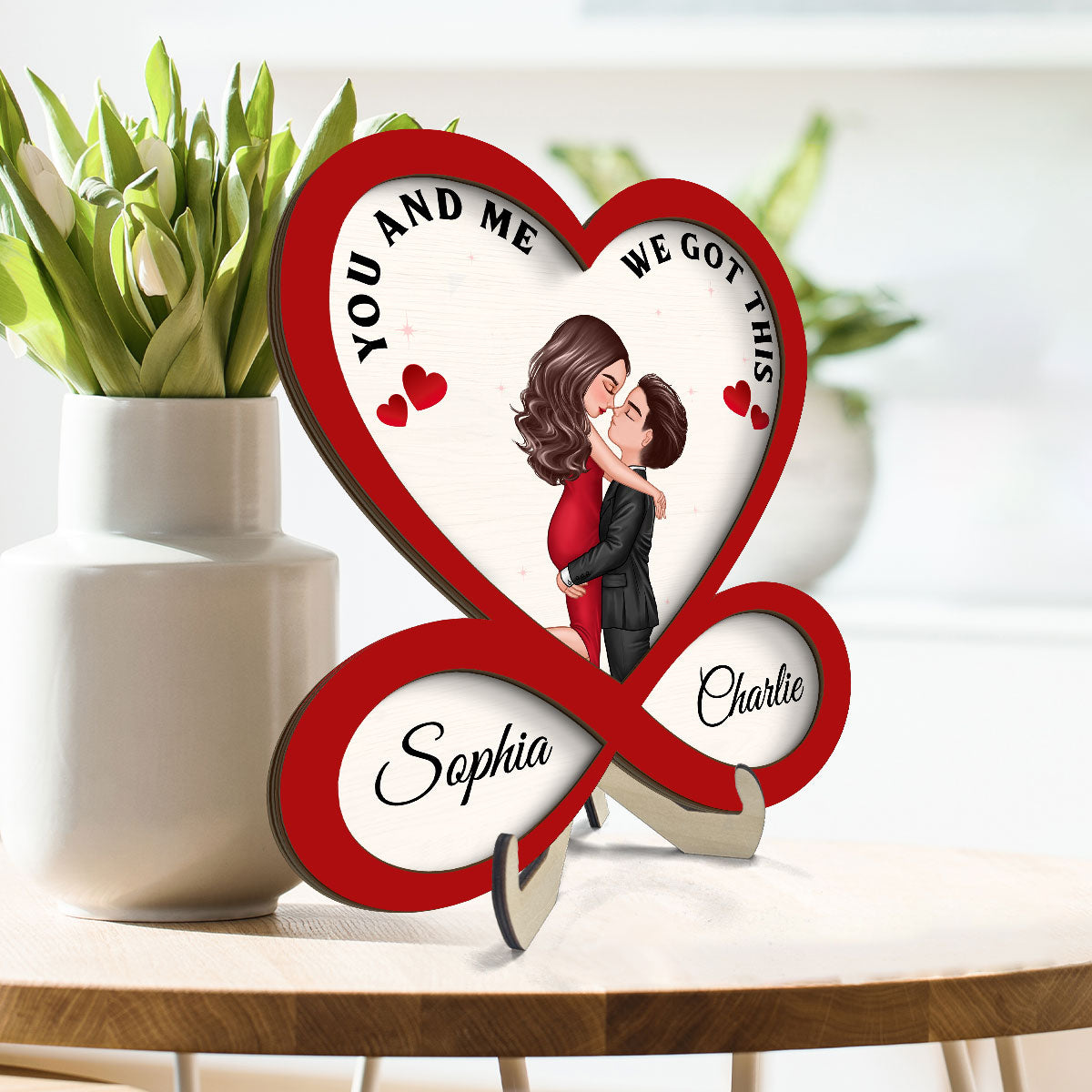 Couple Hugging Kissing Heart Infinity Red Theme Personalized 2-layer Wooden Plaque