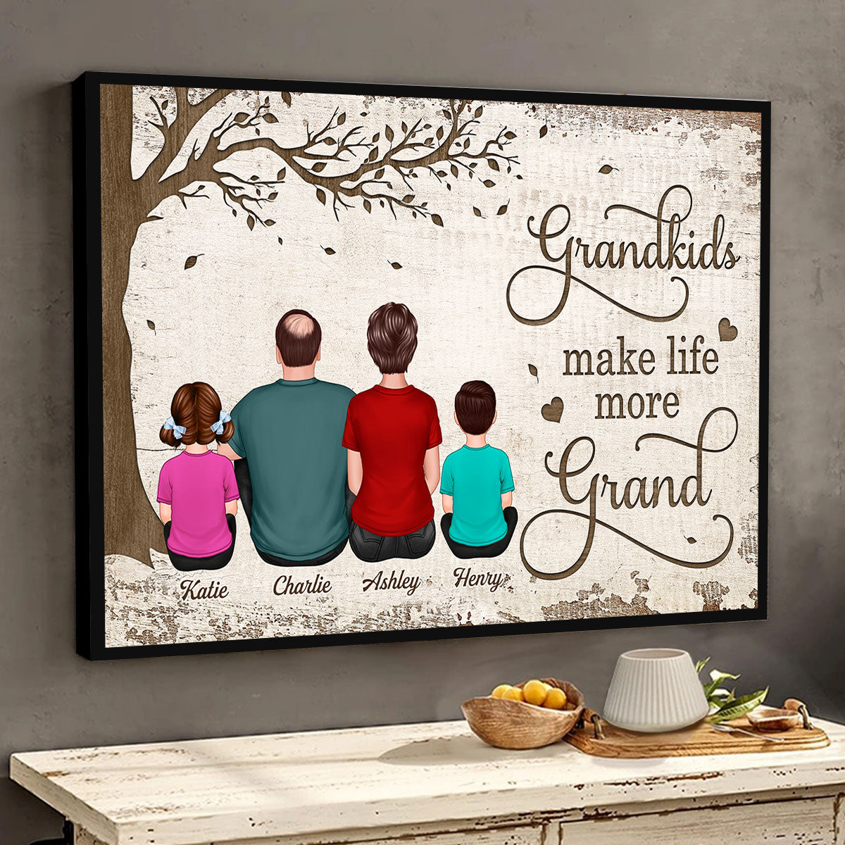 Back View Grandpa Grandma With Grandkids Sitting Under Tree Personalized Horizontal Poster