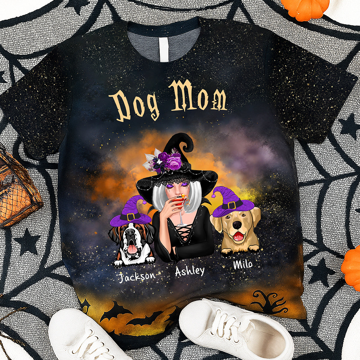 Pretty Witch Dog Mom Witchy Ombre Tie-Dye Pattern Personalized Shirt, Pawfect Costume for Dog Lover