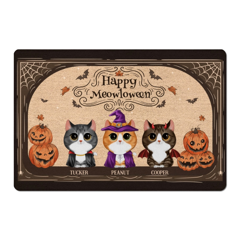 Halloween Pumpkin Watercolor Cute Cats Personalized Doormat