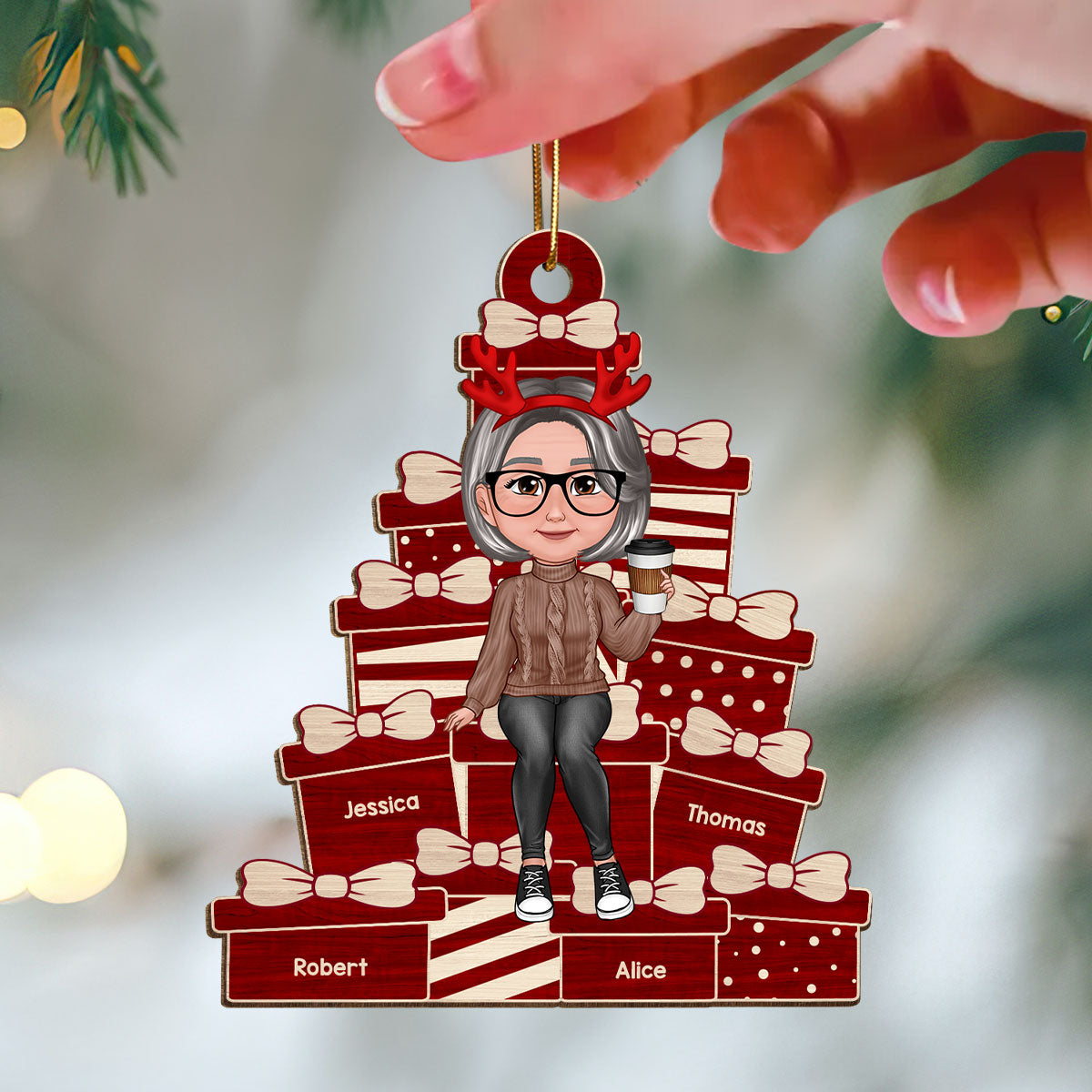 Grandma Mom Sitting On Christmas Gifts Personalized Wooden Ornament