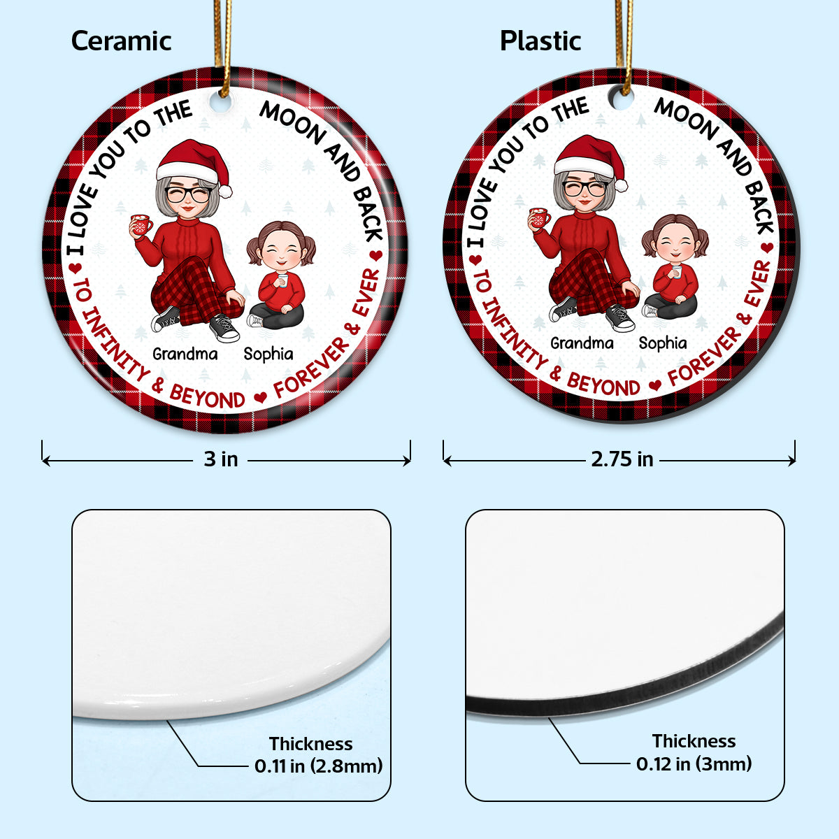 Love To The Moon Plaid Cute Grandma & Grandkid Sitting Personalized Circle Ornament