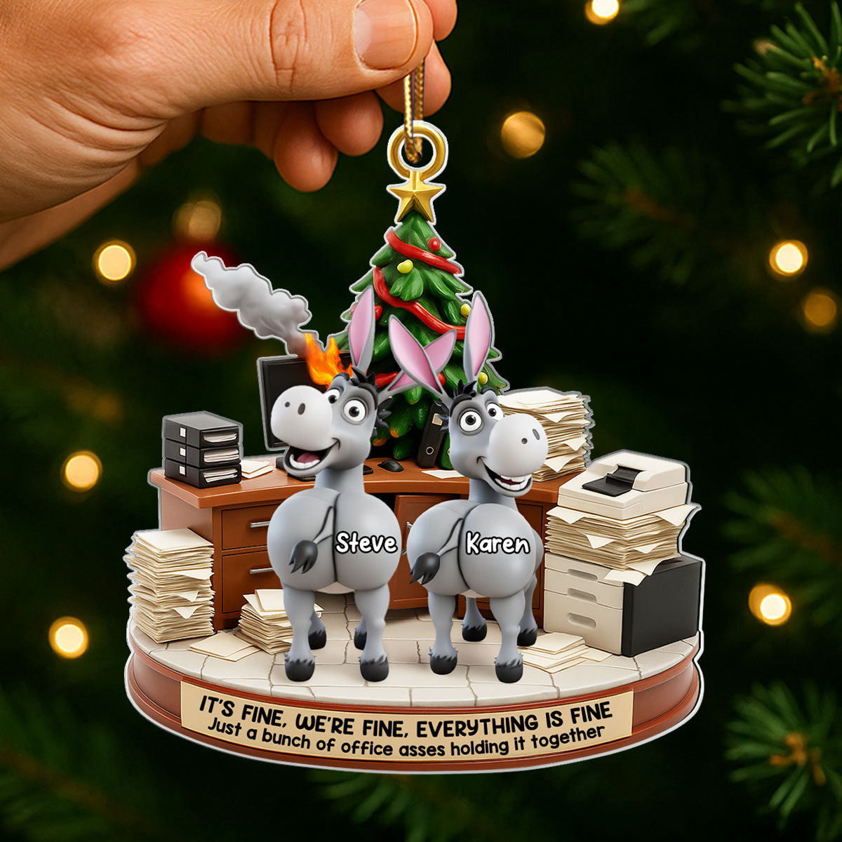 Office Chaos It's Fine We're Fine Bunch of Asses - Personalized Acrylic Ornament - Christmas Gift for Coworkers, White Elephant, Secret Santa Gift
