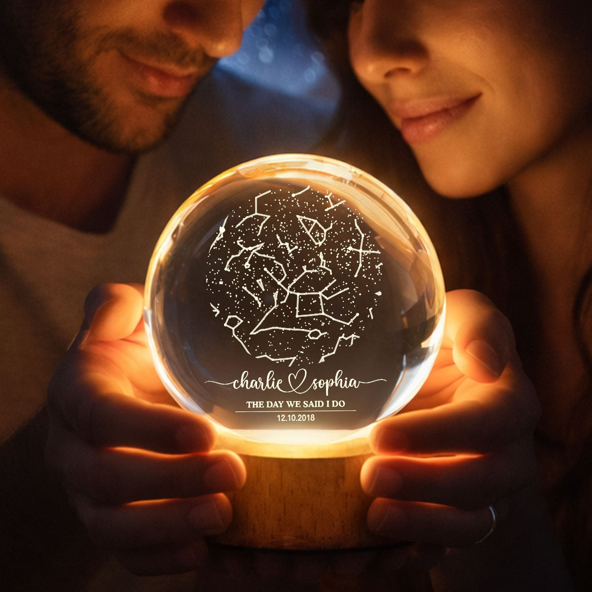 Custom Couple Star Map by Date Constellation - Personalized Crystal Ball Night Light - Heartfelt Anniversary Gift, Valentine's Day Gift for Her, for Him