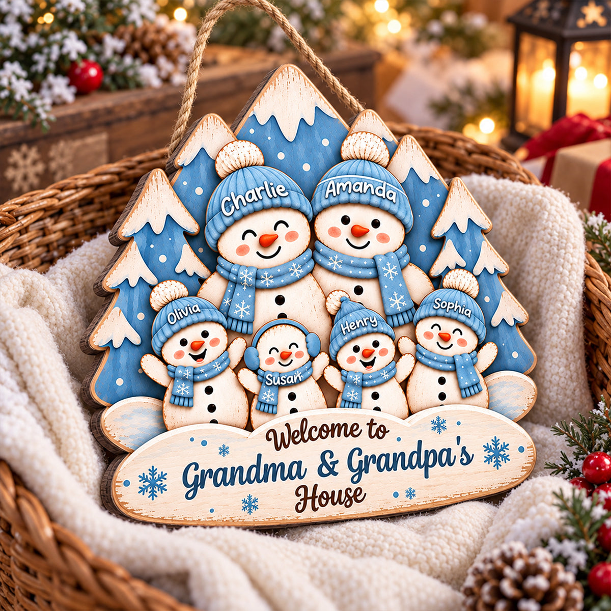 Blue Winter Forest Snowman Grandparents & Grandkids 2D Flat Printed - Personalized Wood Sign - Christmas Gift For Grandma & Grandpa
