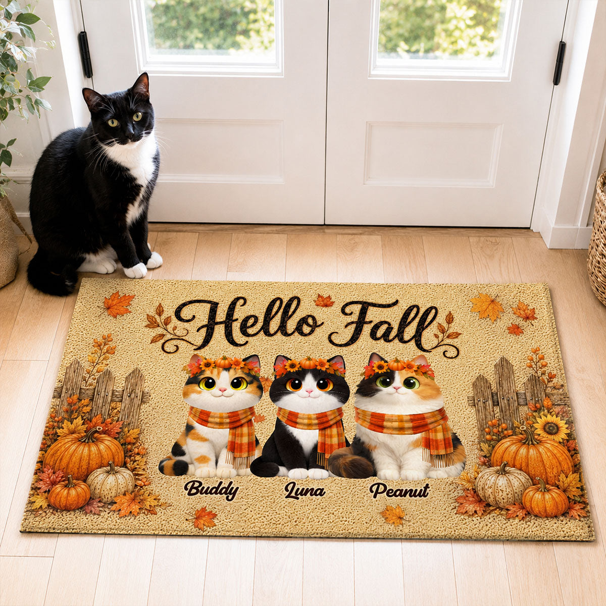 Cozy Warm Fall Season Hello Fall Cute Cats - Personalized Doormat - Fall Decor For Cat Lovers