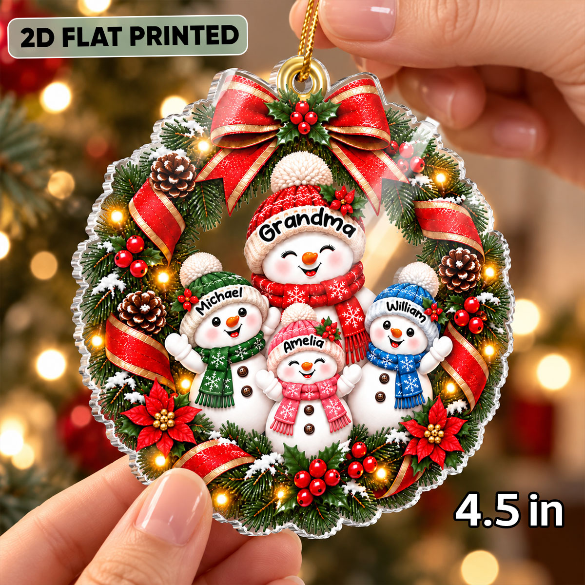 Festive Grandma & Grandkids Snowman Wreath 2D Flat – Personalized Acrylic Ornament - Christmas Gift For Grandma, Grandparents & Family