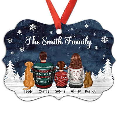 Christmas Family Dad Mom Kids Dogs Cats Snow Background Personalized Christmas Ornament