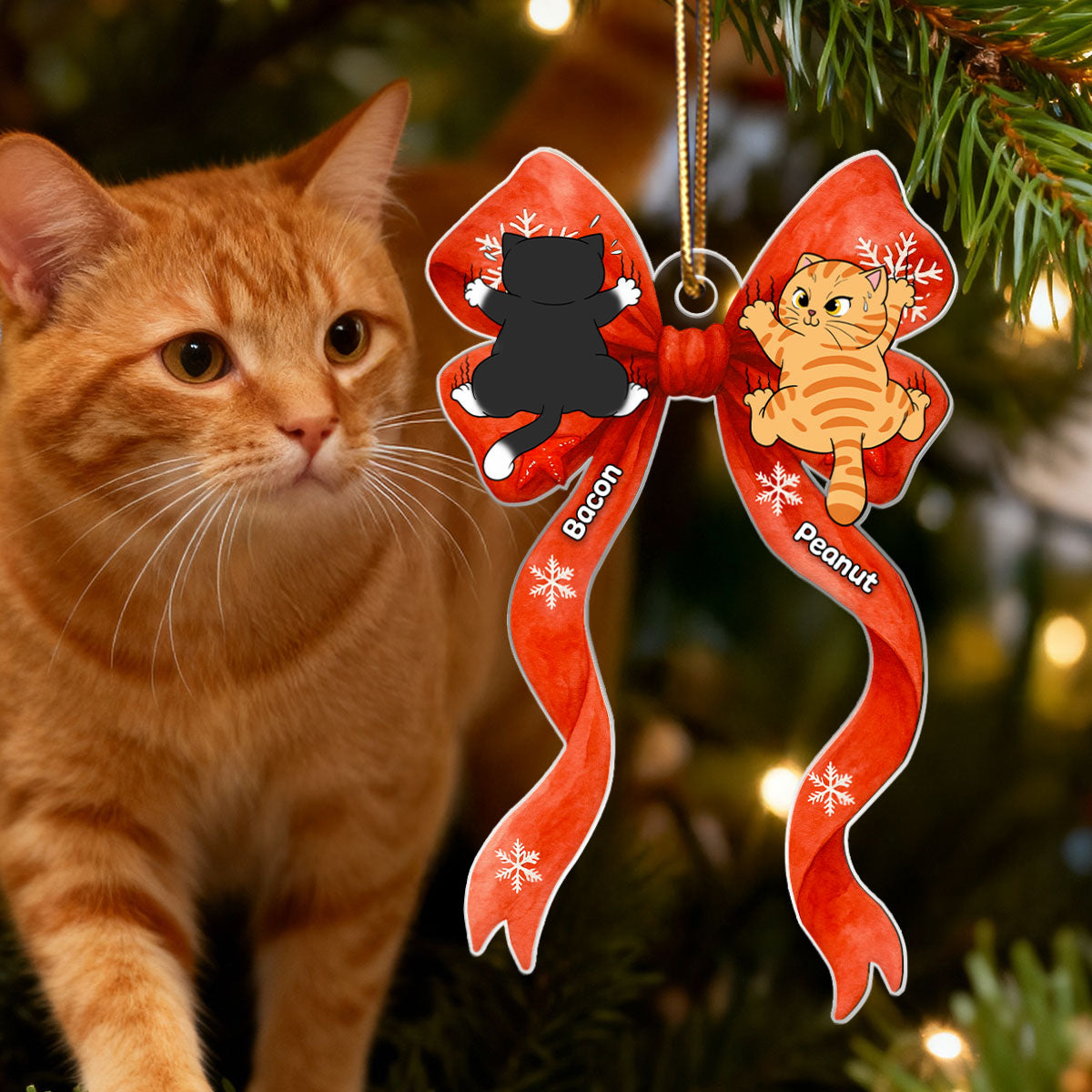 Cat Climbing Christmas Coquette - Personalized Acrylic Ornament - Christmas Gift for Cat Lovers