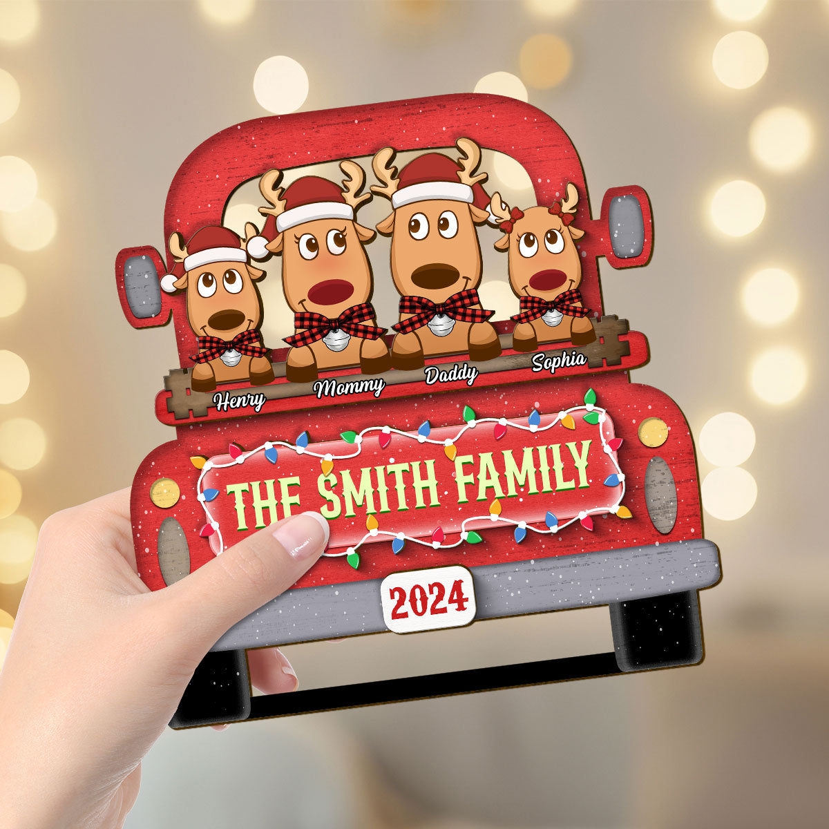 Reindeer Family On Christmas Truck Personalized 2 Layer Standing Wooden Plaque