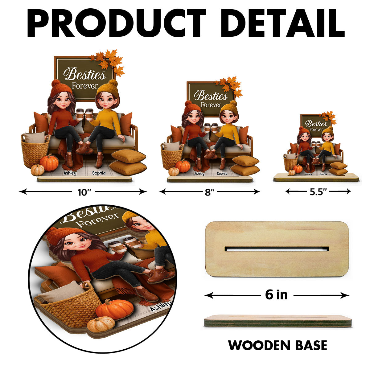 Fall Season Besties Sisters Sitting On Cozy Sofa Personalized Standing Wooden Plaque
