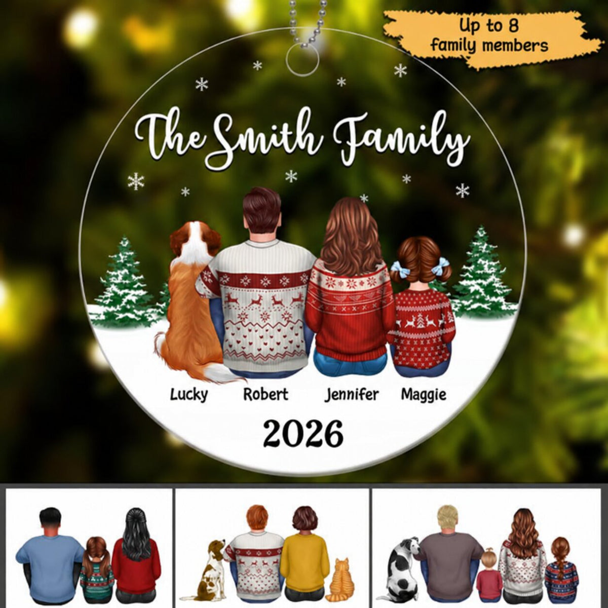 Christmas Family Dad Mom Kids Dogs Cats Circle Shape Personalized Acrylic Ornament