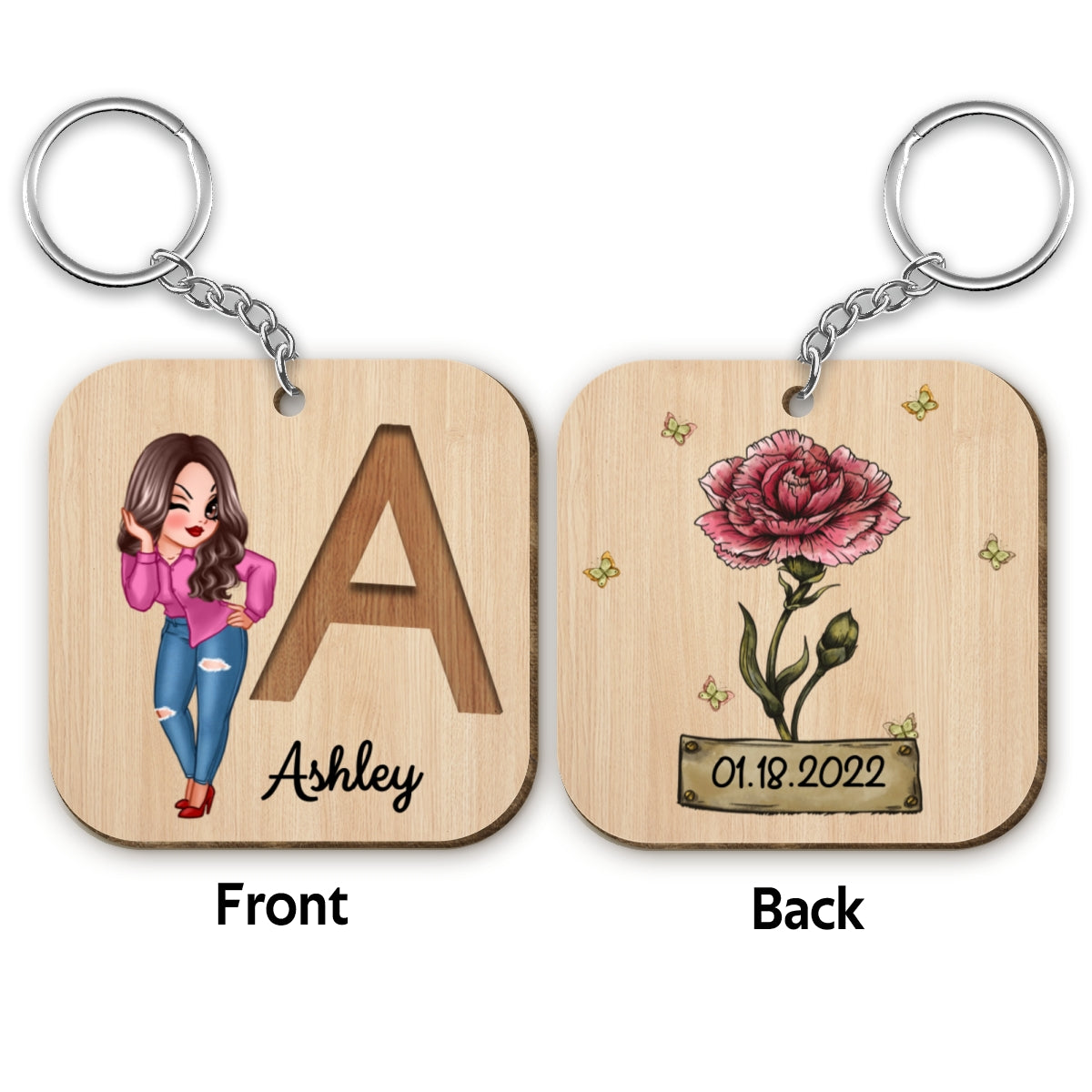 Custom Character & Birth Flower Initial Name Birthday Gift For Family Friends Personalized Wooden Keychain