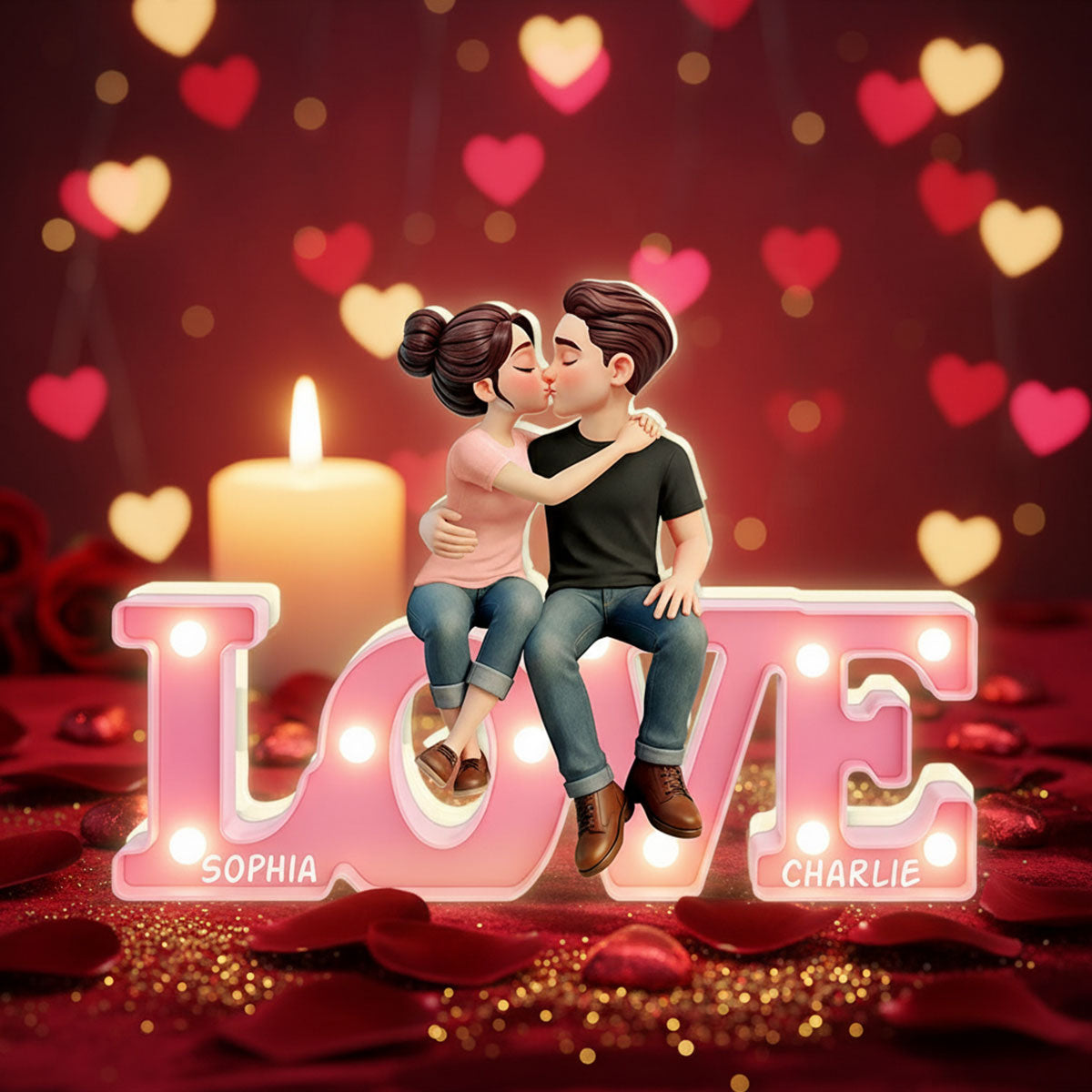 Everlasting LOVE Couple Sitting Kissing - Personalized Light Box - Valentine's Day Gift For Couple, For Him, For Her