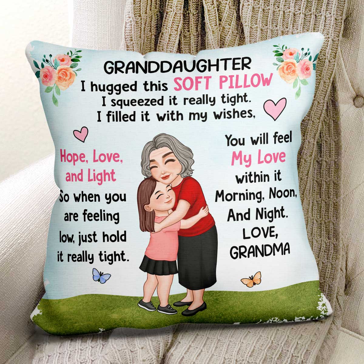 Grandma Granddaughter Grandson Hugging Flowers Blue Sky Personalized Pillow