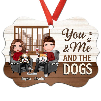 Couple And Dogs Sitting On Chair Personalized Christmas Ornament