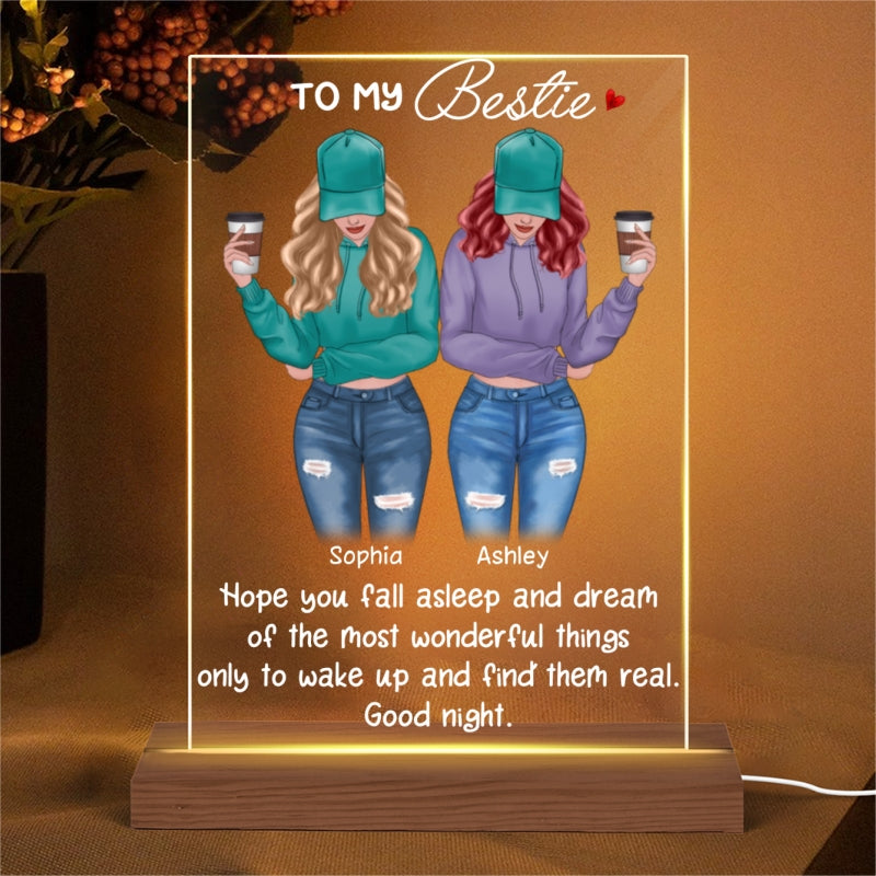 Front View Besties To My Bestie Personalized Rectangle Acrylic Plaque With LED Night Light - Gift For Best Friends