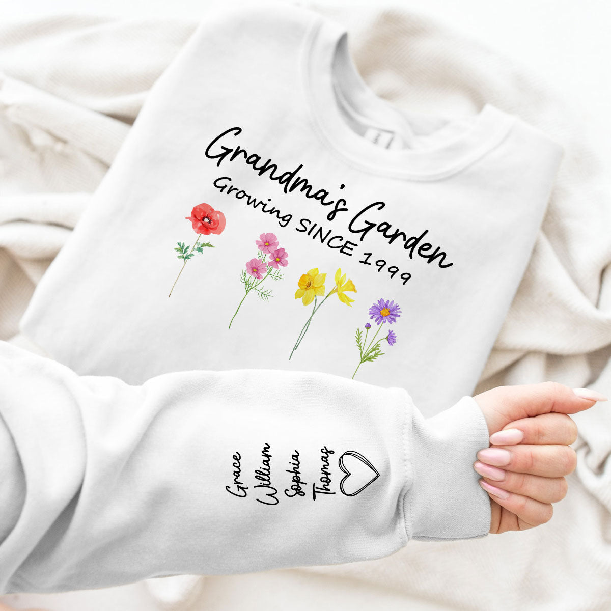 Grandma Garden Growing Since Custom Birth Month Flower Shirt for Grandmother, Gift, Personalized Sleeve Printed Sweatshirt