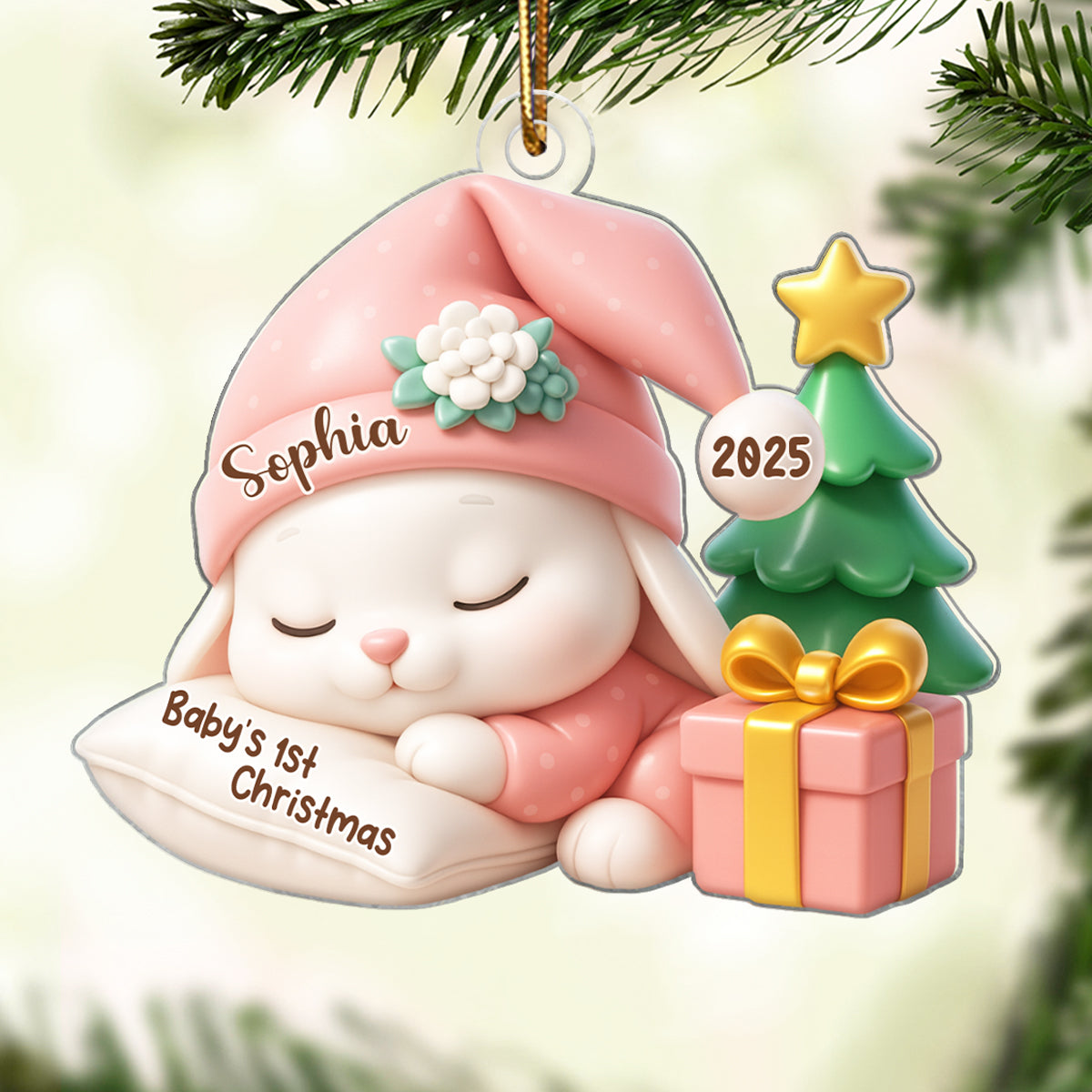 Baby's 1st Christmas Sleeping Bunny in Soft Pajamas Personalized Acrylic Ornament, Christmas Keepsake for New Mom, Dad