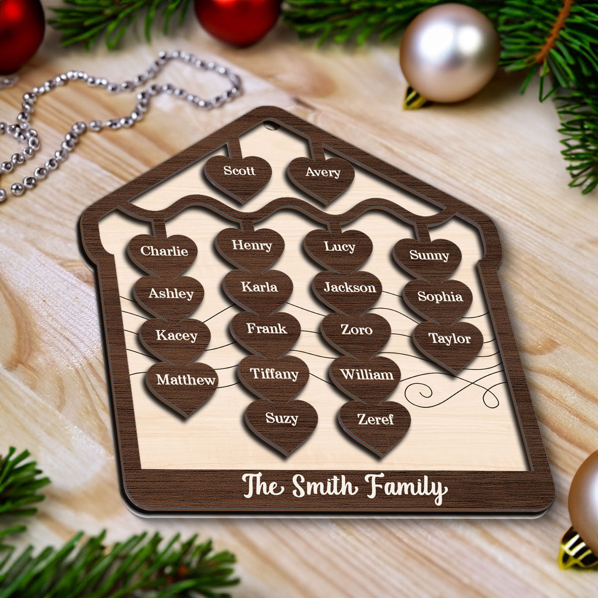 Hearts Hanging Family Christmas Personalized 2-Layer Wooden Ornament