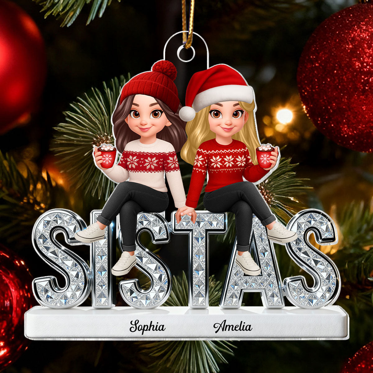3D Shining Effect Sistas - Personalized Acrylic Car Hanger - Christmas Gift For Sisters