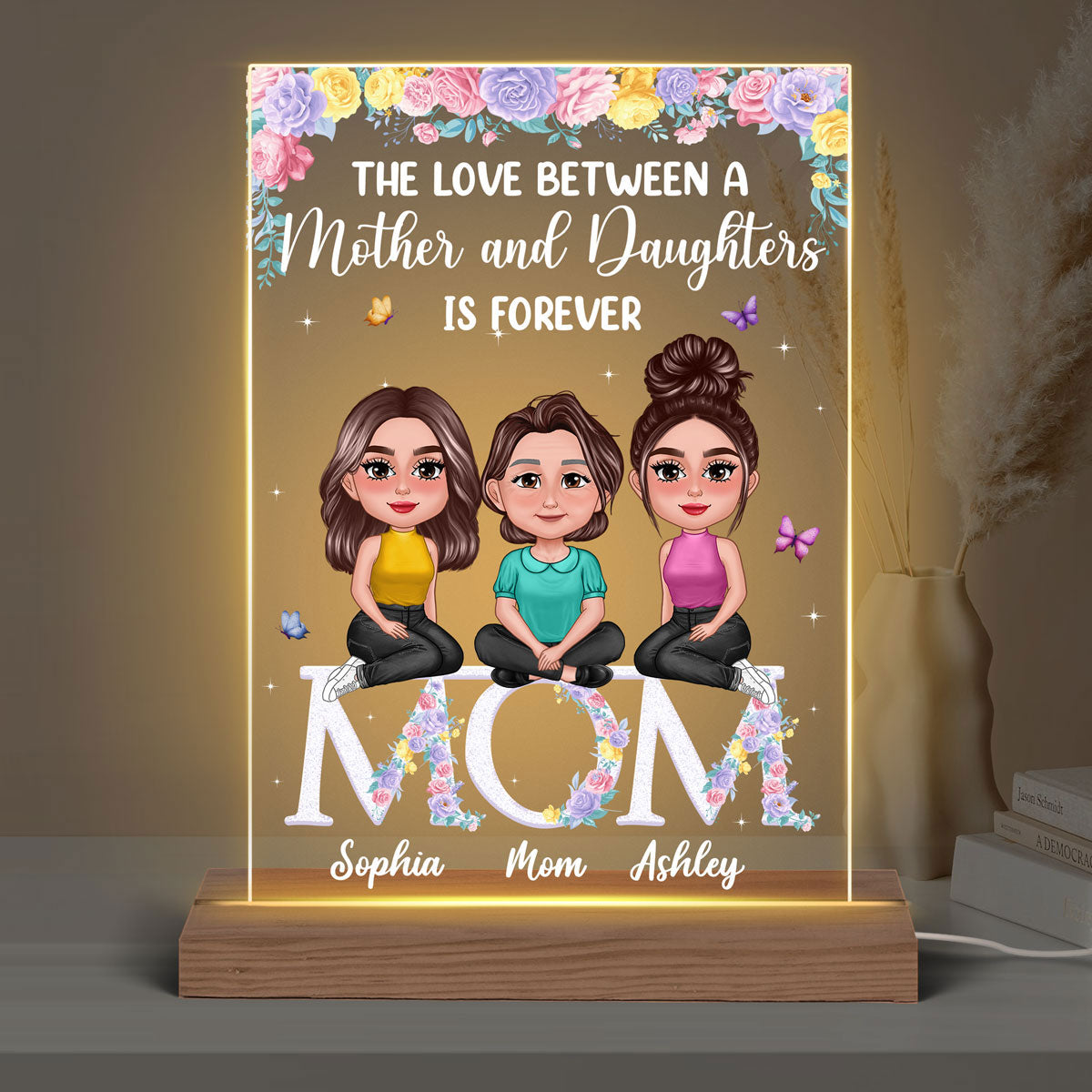 Pretty Doll Mother Daughter Sitting On Text Personalized Acrylic LED Night Light
